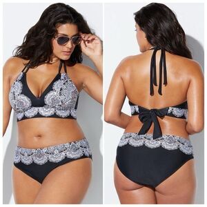 Swimsuits For All AVENGER HALTER BIKINI SET Black White Lace Print Size 20